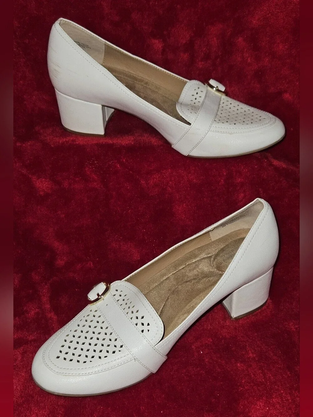 Giani Bernini White Perforated Low Block Heel Loafers w/Buckle Accents - Size 8M